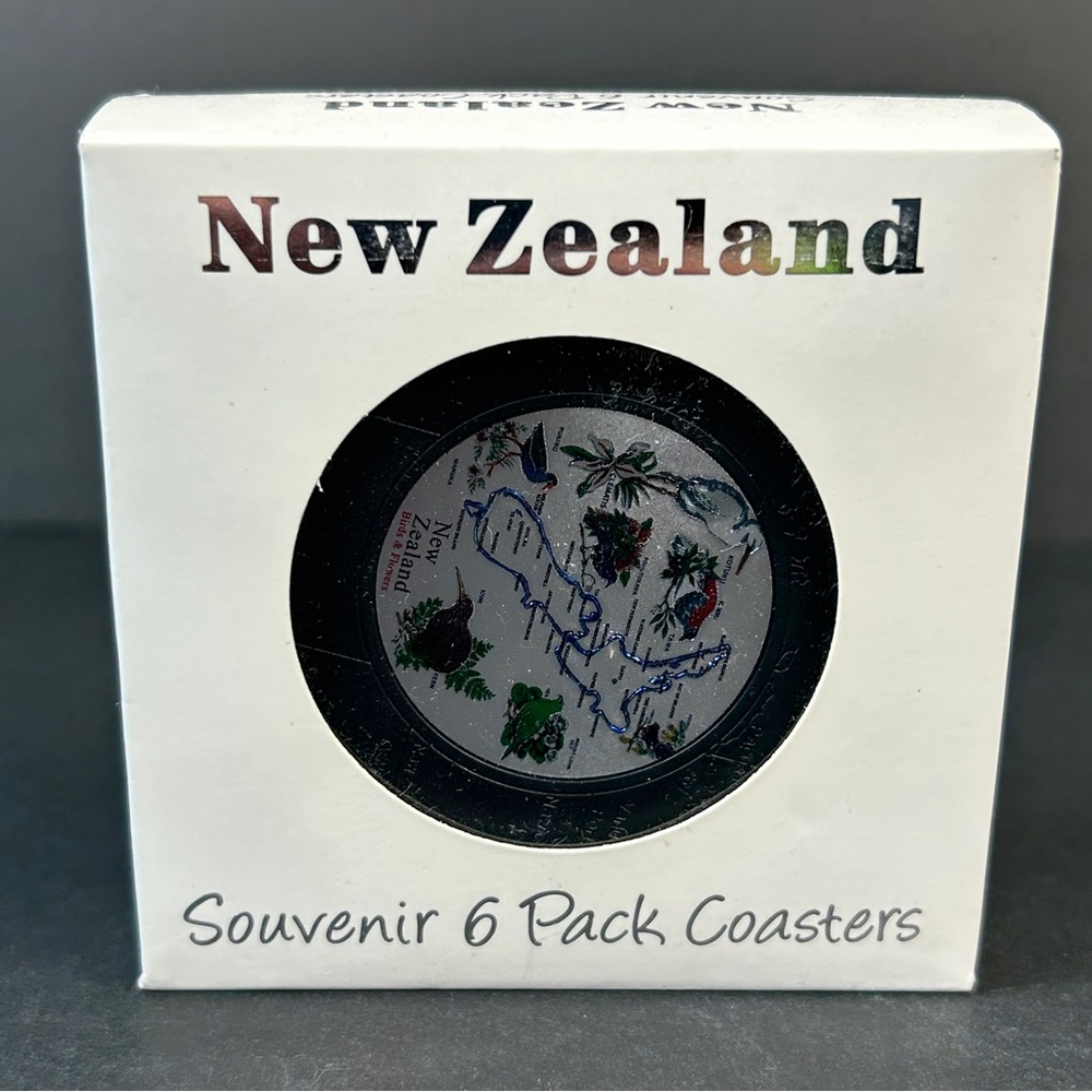 Vintage New Zealand Souvenir Coaster Set of 6 Kiwi Ana Map & Native Birds